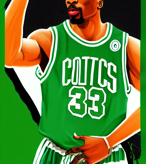 Image similar to portrait of tupac shakur, boston celtics jersey number 3 4, green, white, cartoon digital art, oil on canvas, trending on artstation, octane render