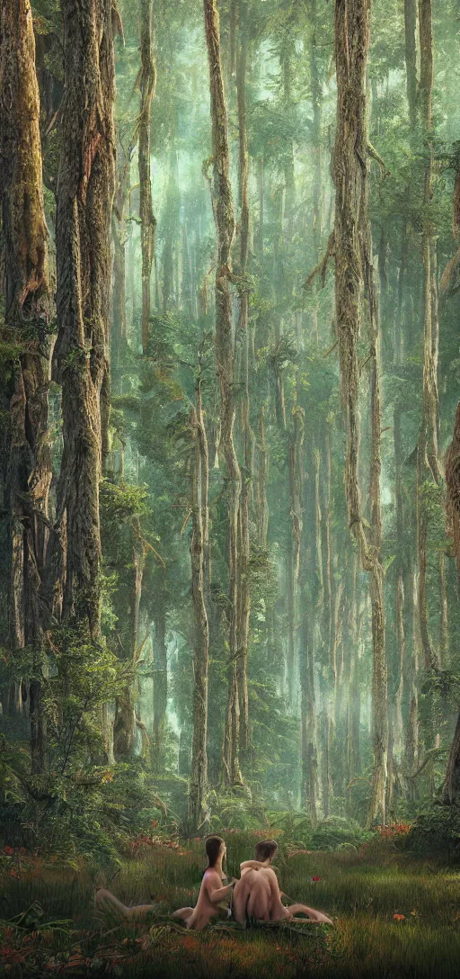 Image similar to intricate color photo of young lovers in a fantasy forest of tall trees 8 k octane beautifully detailed render by best painter in the world