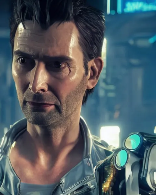 Prompt: David Tennant in the role of Johnny Silverhand from Cyberpunk 2077, amazing short, 8K, IMAX, ultra detailed