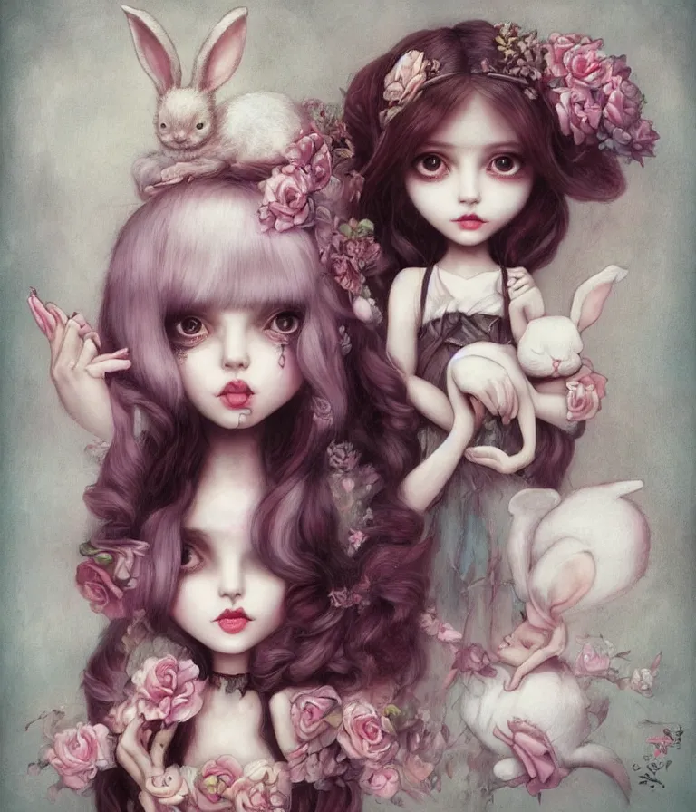 Image similar to pop surrealism, lowbrow art, realistic cute alice girl holding a bunny painting, japanese street fashion, hyper realism, muted colours, rococo, natalie shau, loreta lux, tom bagshaw, mark ryden, trevor brown style