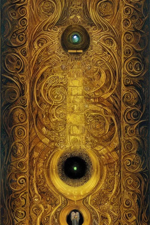 Image similar to The Helliquary by Karol Bak, Jean Deville, Gustav Klimt, and Vincent Van Gogh, lockbox, otherworldly, locks, vault, chains, fractal structures, arcane, inferno, inscribed runes, reliquary, infernal relics, ornate gilded medieval icon, third eye, spirals