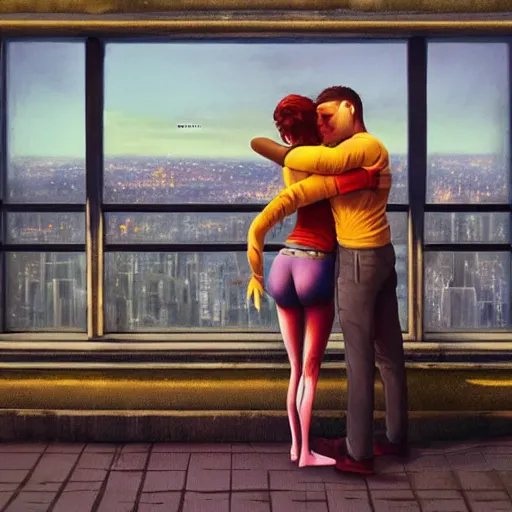 Prompt: Body art. a young couple is embracing in a passionate embrace as they look out over a beautiful cityscape. The colors are very vibrant and the overall mood is very romantic. goldenrod by Lise Deharme, by Simon Stalenhag offhand, ordered