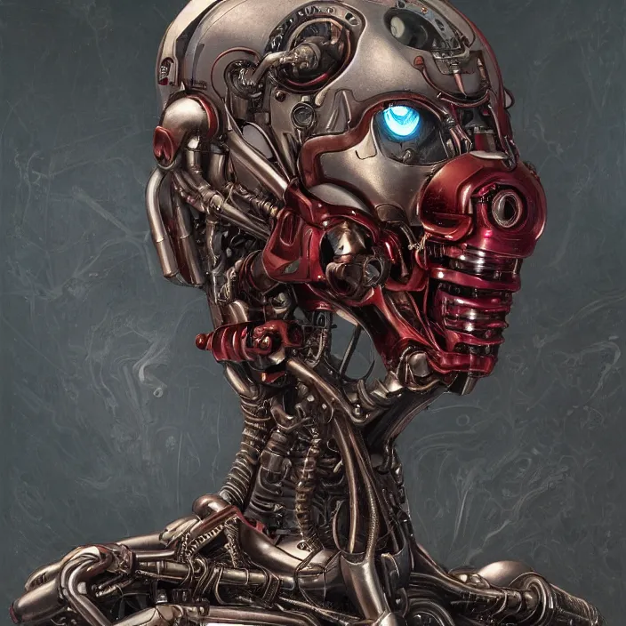 Image similar to in the art style of H.R. Giger,a portrait of a ruby Ultron from Age of Ultron, clockwork steampunk, isometric art style, head and chest only, by Beksinski, 4k, deviantart, trending on artstation