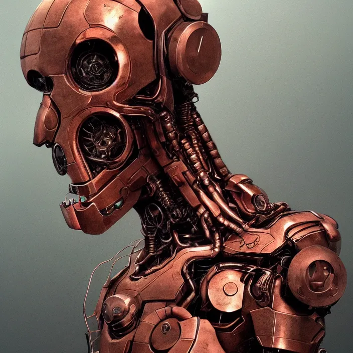 Prompt: portrait of a an oxidized copper Ultron from Age of Ultron, clockwork steampunk, only head and chest, by Beksinski and Michael Whelan, trending on artstation, 4k