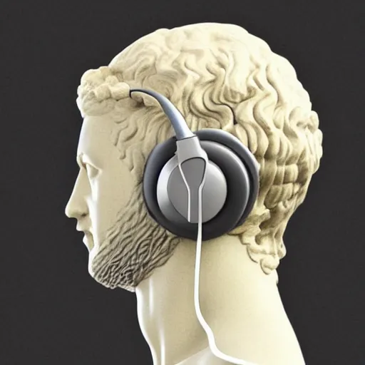 Prompt: a roman bust wearing headphones, vaporwave!!!!!!!!!!!