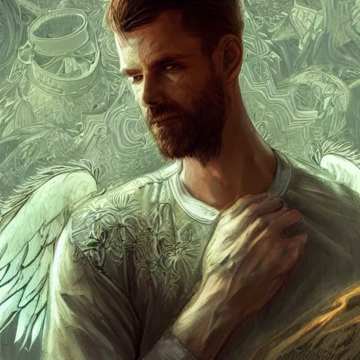 Image similar to angel protecting man, detailed intricate ink illustration, happy atmosphere, detailed illustration, hd, 4k, digital art, overdetailed art, by greg rutkowski, by loish, complementing colors, Trending on artstation, movie poster style