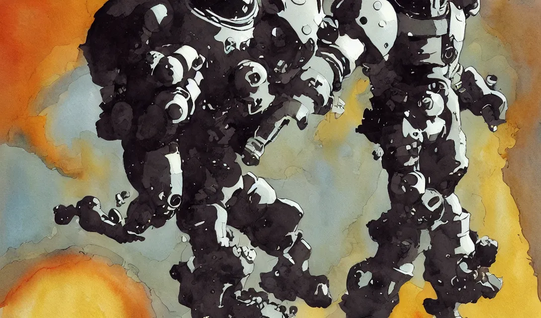 Image similar to male, full body, modern space suit, very stylized character design, large shoulders, short torso, long thin legs, tiny feet, science fiction, hyperdetailed, technical suit, space marine, watercolor digital painting, by mike mignola, by alex maleev, jean giraud, painted by leyendecker