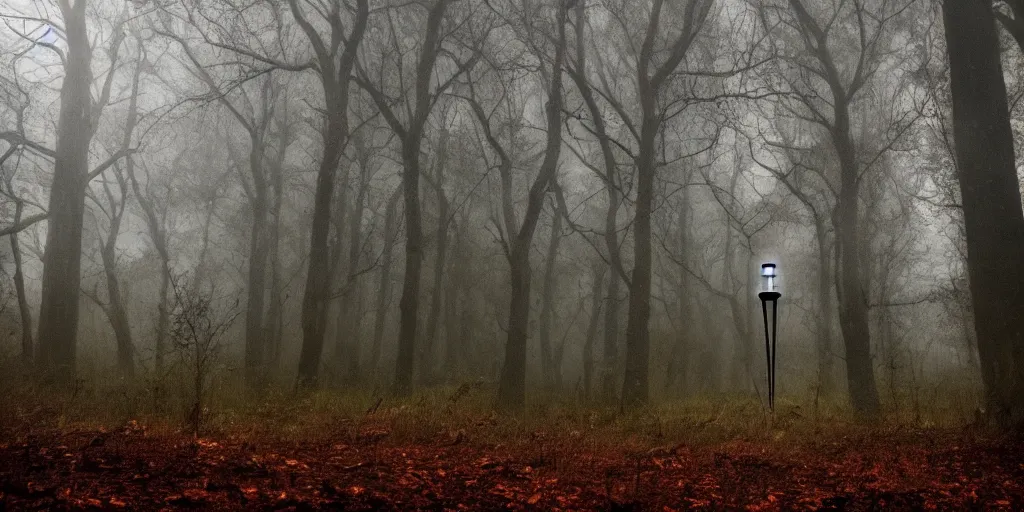 Image similar to abandoned tesla coil in the woods, around everlasting darkness, atmospheric, wide shot, high definition, high detail, foreboding, artstation, foggy