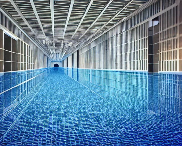 Prompt: 3 d photorealistic hyper realistic render of an endless corridor of tiled swimming pool underground, endless tunnel, ambient light, heavenly light pouring in through windows, unreal engine, octane render