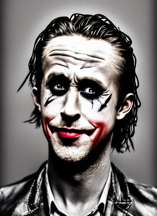 Image similar to photo of Ryan Gosling as the Joker by Lee Jeffries and Eolo Perfido, big smile, head shot, detailed, award winning, Sony a7R