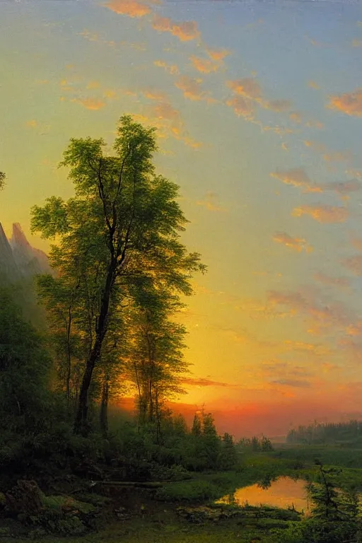 Image similar to the green mountains sunset painting by ivan shishkin