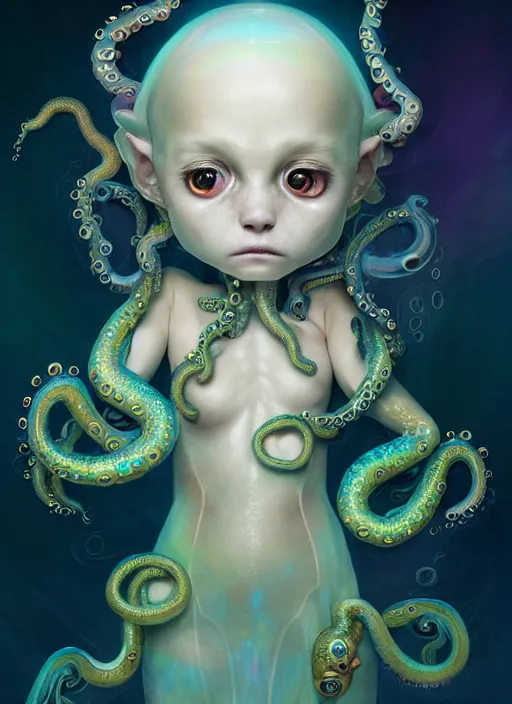 Prompt: A full shot of a cute magical monster Cryptid wearing a dress made of opals and tentacles. Chibi. Subsurface Scattering. Translucent Skin. Caustics. Prismatic light. defined facial features, symmetrical facial features. Opalescent surface. Soft Lighting. beautiful lighting. By Giger and Ruan Jia and Artgerm and WLOP and William-Adolphe Bouguereau and Loish and Lisa Frank. Sailor Moon. trending on artstation, featured on pixiv, award winning, sharp, details, intricate details, realistic, Hyper-detailed, HD, HDR, 4K, 8K.
