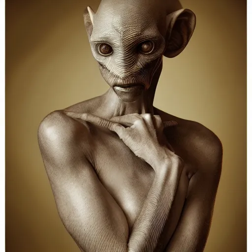 Image similar to hyper realistic photography of an alien, plated arm, intimate, chest, holding close, ribbons, in the style of beth cavener, jin kagetsu,, and wlop, highly detailed, intricate filigree, symmetry, masterpiece, award winning, sharp focus, concept art, highkey lighting, ambient lighting, octane render, 8 k, artstation