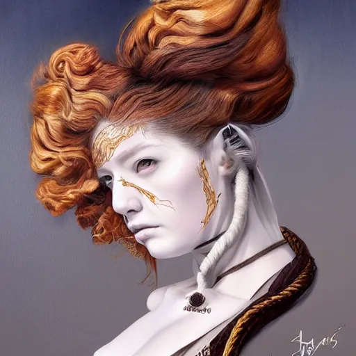 Image similar to portrait of a Shibari rope wrapped face and neck, headshot, insanely nice professional hair style, dramatic hair color, digital painting, of a old 18th century, Royal Emperor, amber jewels, baroque, ornate clothing, scifi, realistic, hyperdetailed, chiaroscuro, concept art, art by Franz Hals and Jon Foster and Ayami Kojima and Amano and Karol Bak,