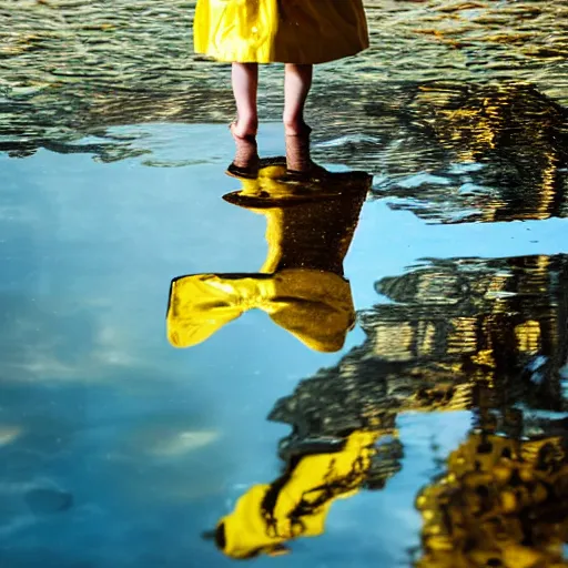 Prompt: a photograph of a reflection of a little girl in a yellow raincoat looking into a pool of water