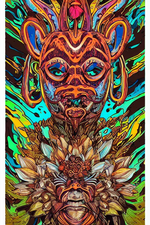 Image similar to animal mask totem roots flower tribal feather gemstone plant wood rock shaman vodoo video game vector cutout illustration vivid multicolor borderlands comics by josan gonzales and dan mumford radiating a glowing aura