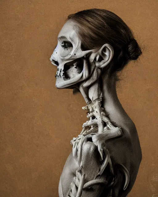 Prompt: a woman's face in profile, made of wildflowers skeleton, in the style of the dutch masters and gregory crewdson, dark and moody