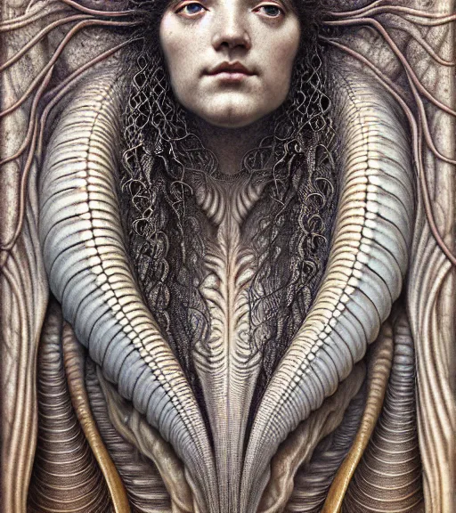 Prompt: detailed realistic beautiful shell goddess face portrait by jean delville, gustave dore, iris van herpen and marco mazzoni, art forms of nature by ernst haeckel, art nouveau, symbolist, visionary, gothic, neo - gothic, pre - raphaelite, fractal lace, intricate alien botanicals, ai biodiversity, surreality, hyperdetailed ultrasharp octane render