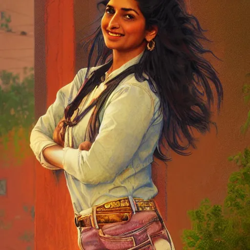 Image similar to close up a beautiful Indian doctor wearing jeans and a shirt in Texas in 2022, sun shining, photo realistic illustration by greg rutkowski, thomas kindkade, alphonse mucha, loish, norman rockwell.