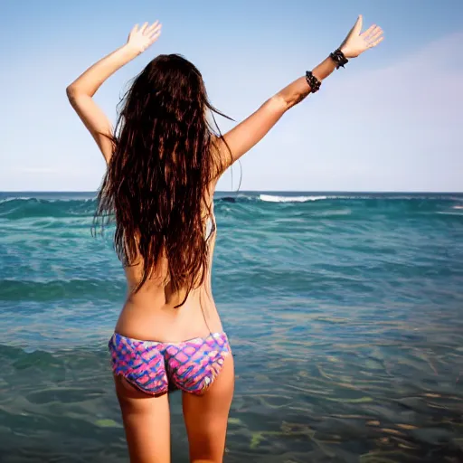 Image similar to woman with waving long hair, wading through ocean waves, back view, first person view