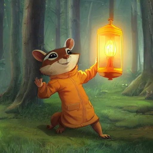 Image similar to concept art painting of an anthropomorphic chipmunk wearing a yellow cloak, holding a lantern, in the deep forest, realistic, detailed, cel shaded, in the style of makoto shinkai and greg rutkowski and james gurney