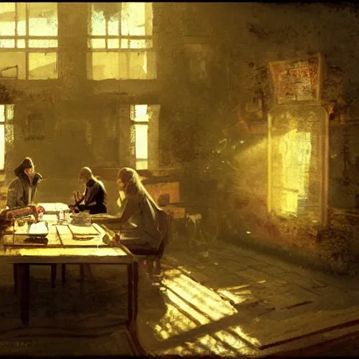 Image similar to the illumatis all sitting at a table, serious, eerie, a single sunbeam coming from the roof, dust illuminated by the sunbeam, serious, lush, vintage decor, craig mullins