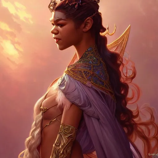 Image similar to Zendaya as a fantasy princess, D&D, fantasy, intricate, elegant, highly detailed, digital painting, artstation, concept art, matte, sharp focus, illustration, art by Artgerm and Greg Rutkowski and Alphonse Mucha