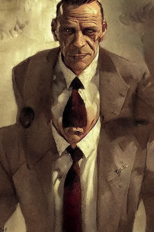 Image similar to an older man in a suit as a Mafia: Definitive Edition character, upper body, highly detailed, intricate, sharp details, dystopian mood, 1950 character portrait by gaston bussiere, craig mullins, drawn by Giacomo Burattini, inspired by graphic novel cover art