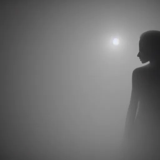 Image similar to film still of ominous ethereal female figure waiting amidst the depths of a dark ocean on a moonlit night, cinematography by Vadim Yusov