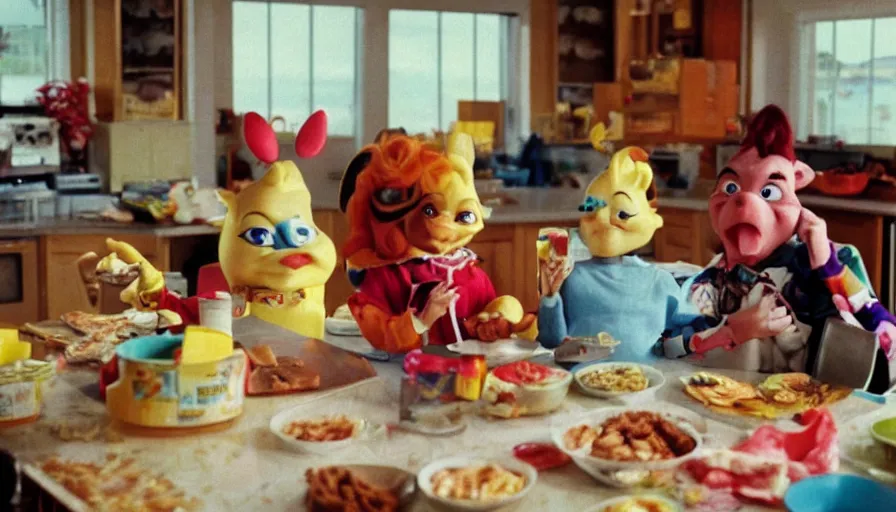 Image similar to 1 9 9 0 s candid 3 5 mm photo of a beautiful day in the family kitchen, cinematic lighting, cinematic look, golden hour, an absurd costumed mascot from the jimbles the super pony show is eating all of the kids cereal, the kids are hungry and the mascot is eating all of their food, uhd