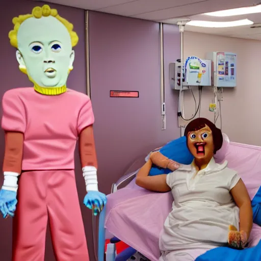 Image similar to photo of a happy patient and doctor or nurse in a hospital room made out of soft candy, candy hospital equipment, candy hospital room, candy treatments, oompa loompa virus, willy wonka pandemic