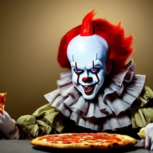 Prompt: A still of Pennywise eating a pizza, 4k, photograph, ultra realistic, highly detailed, studio lighting