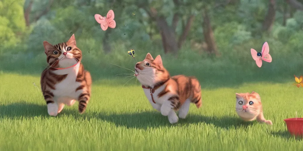 Prompt: a cinematic still of ( a cat and a dog! ) playfully chasing butterflies in a park, calm evening, in the style of pixar and ghibli!!! and disney