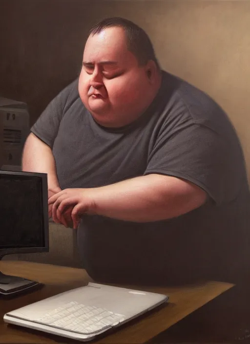 Image similar to insanely detailed chiaroscuro image of a exhausted - looking slightly fat casually - dressed programmer guy on his knees facing his glowing ultrawide computer monitor monitor begging it for forgiveness, oil on canvas, masterwork, fine detail, trending on artstation, emotive, insanely compelling, ryden, greg rutkowsky, moebius