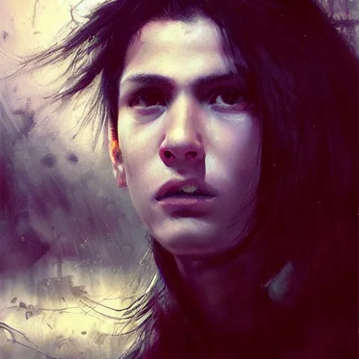 Image similar to a latino 1 5 year old boy with long black hair opens a dark portal to the void. dramatic. cinematic. detailed. sharp. photo realistic. realism. repin. phil hale. ruan jia