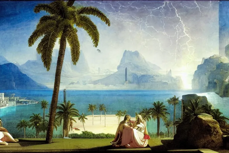 Prompt: Palace floating in heaven, 1km tall, thunderstorm, greek pool, beach and palm trees under the palace, major arcana sky, by paul delaroche, hyperrealistic 4k uhd, award-winning very detailed, heaven paradise