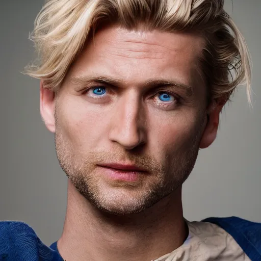 Image similar to close up of face of good looking 4 0 year old anglo slavic blond man with blond stubble, very short wavy blond hair in a short pompadour style, very dark blue eyes, portrait, 4 k