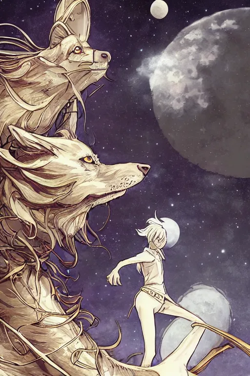 Image similar to a full moon and a white wolf glimmering stairways to otherworldly galaxies, high intricate details, rule of thirds, golden ratio, cinematic light, anime style, graphic novel by fiona staples and dustin nguyen, by beaststars and orange, peter elson, alan bean, studio ghibli, makoto shinkai