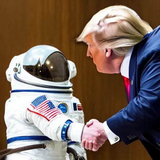 Prompt: donald trump shaking hands with astronaut cat