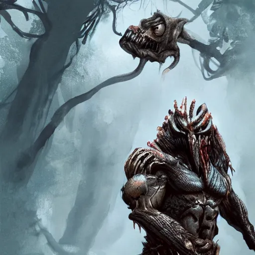 Prompt: predator from movie holding human skull, full body picture, wide angle view, hyperrealistic, concept art, artstasion, deep depth of field