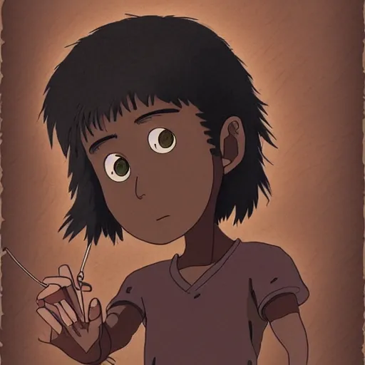 Image similar to a dark brown humanoid, hyper detailed, in the style of studio ghibli and and studio ghibli and studio ghibli, selfie