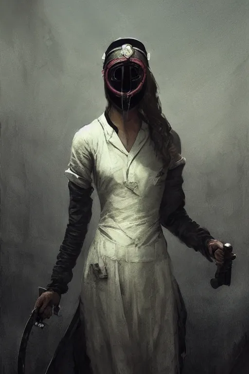 Image similar to The killer Nurse with the iron mask, horror, illustrated by Greg Rutkowski and Caspar David Friedrich., Trending on artstation, artstationHD, artstationHQ, 4k, 8k