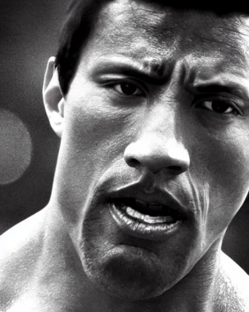 Image similar to Film still close-up shot of Dwayne Johnson as Rocky Balboa from the movie Rocky. Photographic, photography