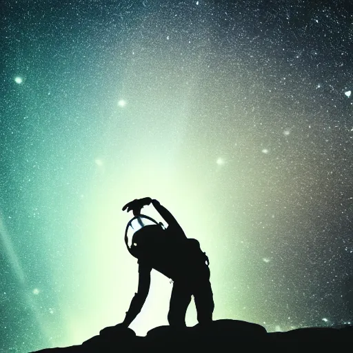 Image similar to astronaut silhouette with arms extended forward, bottom of arms lit by light coming from off camera, light coming from below, starry sky background, lit from below, full body photo,, 8 k