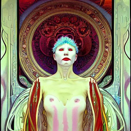 Image similar to portrait of small, rubbery, huge-eyed, big-lipped albino mutant priestess with elaborate white hair by Alphonse Mucha, Beksinski, and Anato Finnstark