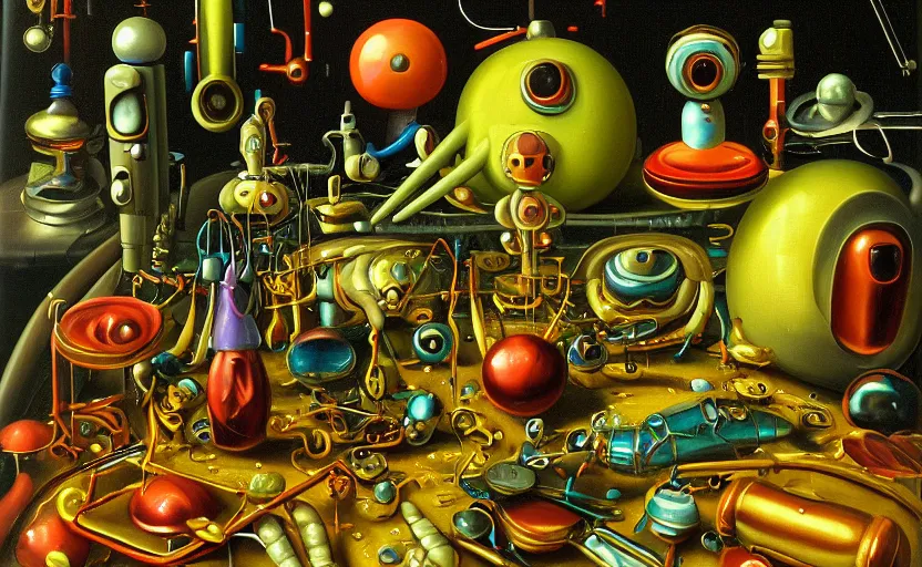 Image similar to strange seductive futuristic robot body, enticing colorful oil painting dutch golden age vanitas still life sparse composition with bulbous objects strange gooey transparent surfaces shiny metal reflections bizarre mutant meat insects rachel ruysch dali todd schorr very detailed perfect composition rule of thirds masterpiece canon 5 0 mm, cinematic lighting, photography, retro, film, kodachrome