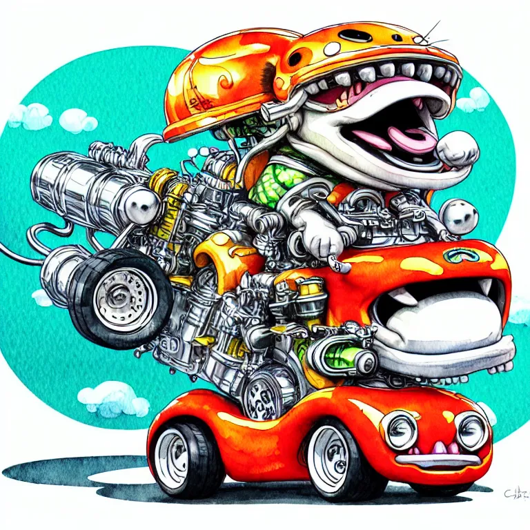 Prompt: cute and funny, jaguar wearing a helmet riding in a hot rod with oversized engine, ratfink style by ed roth, centered award winning watercolor pen illustration, isometric illustration by chihiro iwasaki, edited by range murata, tiny details by artgerm and watercolor girl, symmetrically isometrically centered, sharply focused