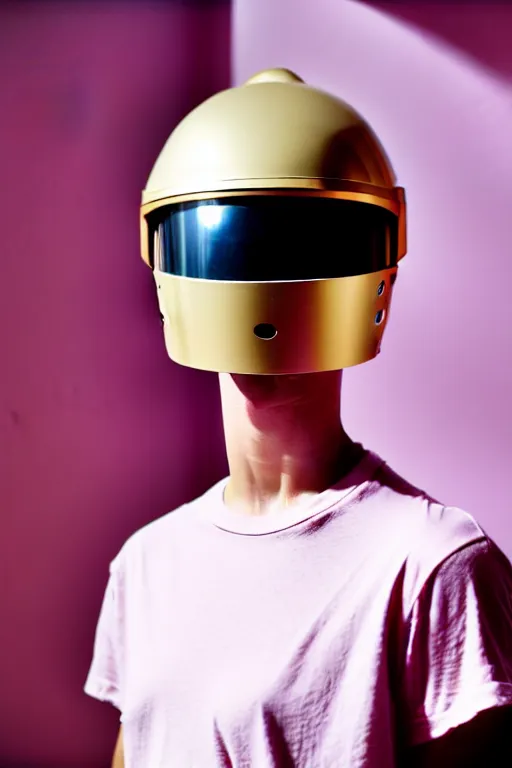 Prompt: a high definition film photograph of a normal androgynous robot human wearing a plain white t - shirt, in a pastel pink room. happy. metal visor covering eyes. reflective gold coloured helmet. crushed shadows.