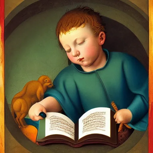 Prompt: hyperrealistic hyperdetailed elaborate minimalist half-lenght side portrait of a child, reading an interesting illustrated book. in the style of Michelangelo. amazing textures and light. flemish baroque, vibrant colours. matte background. HD 8x no frame