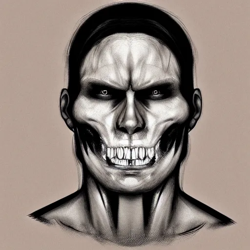 Image similar to Jerma985 with a cheek to cheek smile, sinister looking, evil intent, horror, uncanny, detailed, high resolution, sharpened, close-up, professional photography, police sketch, wanted poster